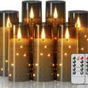 Flameless Candles with Remote Timer, Embedded String Lights Candles Acrylic Flickering, Battery Operated LED Pillar Candles, 7 Pcs Unbreakable, Black, 2.3x5/5/5/6/6/7/7 inches