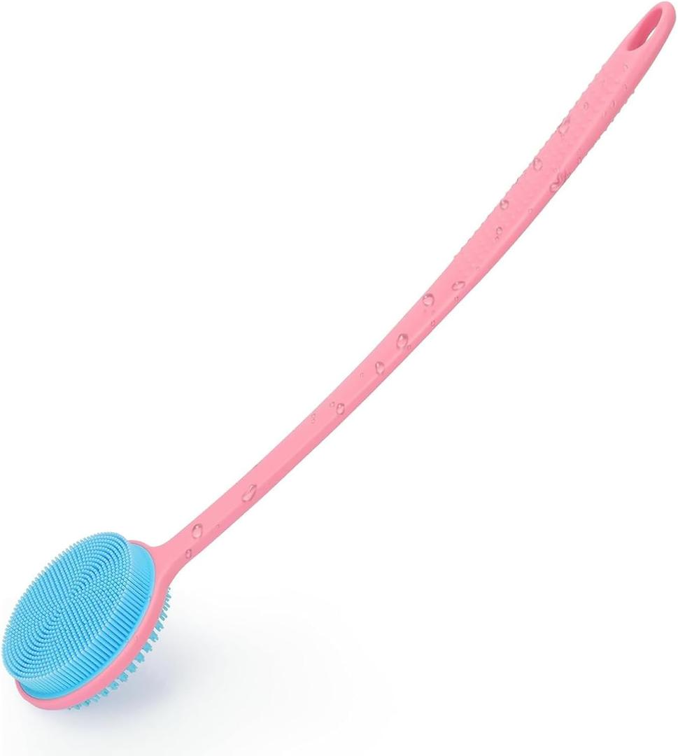 VWMYQ Silicone Back Scrubber for Shower, 17in Lengthen Long Handle Body Brush, Double Sided Shower Brush for Shower Exfoliating and Massage Can Produce Rich Foam, Long Handle Back Scrubber for Men (Pink Blue)