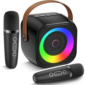 Mini Karaoke Machine, Portable Bluetooth Speaker with 2 Wireless Microphones for Kids & Adults, Karaoke Microphone with LED Lights, Gifts for Girls & Boys (Black)