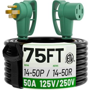 POWGRN NEMA 14-50P to NEMA 14-50R 50 Amp RV/EV Extension Cord 75 FT Outdoor with Grip Handle, Flexible Heavy Duty RV Power Cord Waterproof, 50A 125/250V 6250/12500W STW, Black-Green, ETL Listed