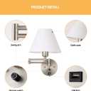 Swing Arm Wall Sconces, Plug-in Wall lamp,Bedroom Wall lamp White Fabric Shadewith dimmable Switch and USB Charging Port, Suitable for Bedside, Living Room, Reading (Nickel)