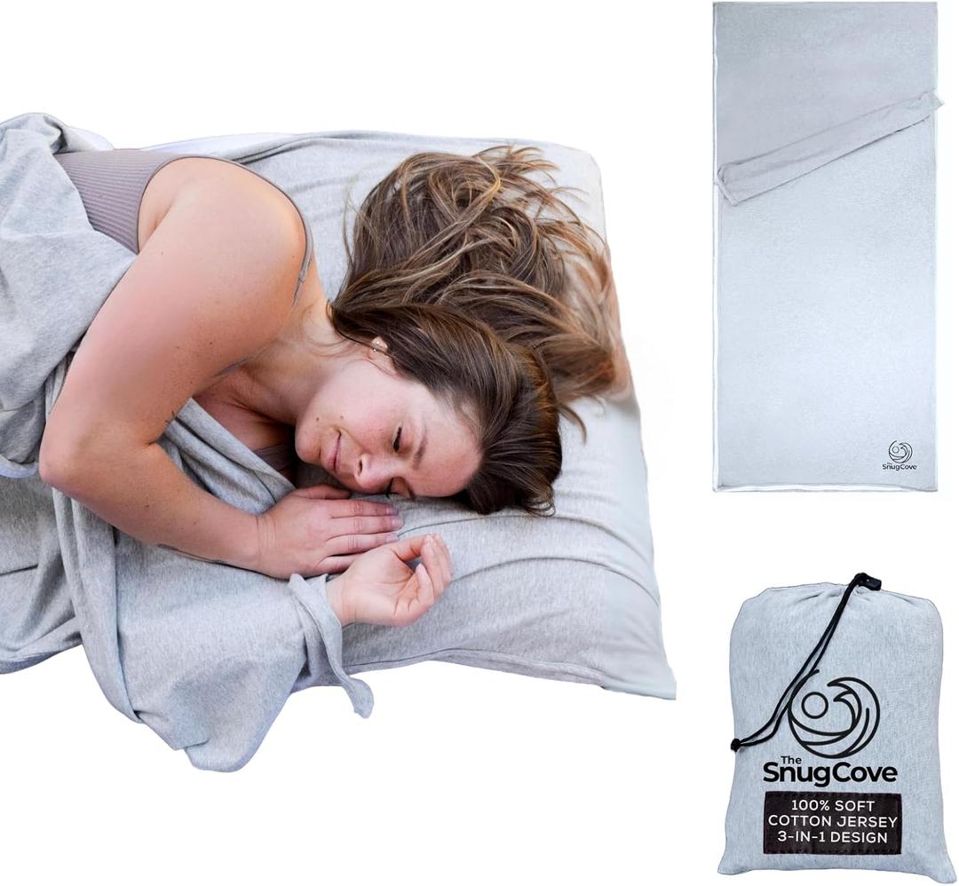 Soft Cotton Sleeping Bag Liner  100% Organic Jersey Cotton Travel Sheet with Full Zipper, Lightweight Camping Sheet for Hotel & Travel, Single or Double Convertible Stretchy Sleep Sack for Adults