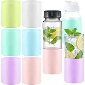 Qeeenar 6 Pack Water Bottle Silicone Sleeves for 16-20 oz Glass Bottle Protector, Reusable Silicone Sleeve Anti Slip Protective Holders for Drink Smoothies 