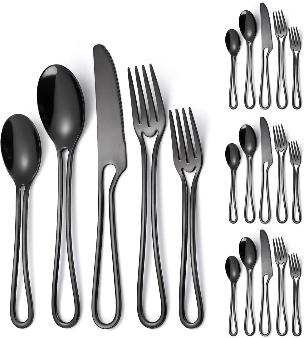 Black Silverware Hollow Flatware Set for 4 Stainless Steel Cutlery 20 Piece Hanging Forks Spoons and Knives Unique Eating Utensils for Home Restaurant Parties