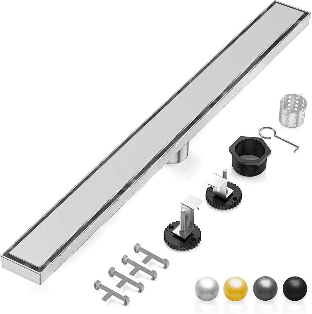 DLONE Linear Shower Drain | 48" AISI 304 Stainless Steel Linear Drain, Brushed Nickel Shower Drain with Tile Insert Panel & Adjustable Feet, Long Rectangle Shower Floor Drain in Bathroom, Balcony etc
