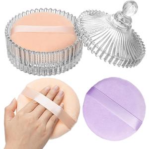 3 Pcs Extra Large Body Powder Puff and Container - 6 Inch Glass Dusting Powder Container with Puff, Body Powder Puff for Women Soft Washable Reusable Fluffy Makeup Wet Dry