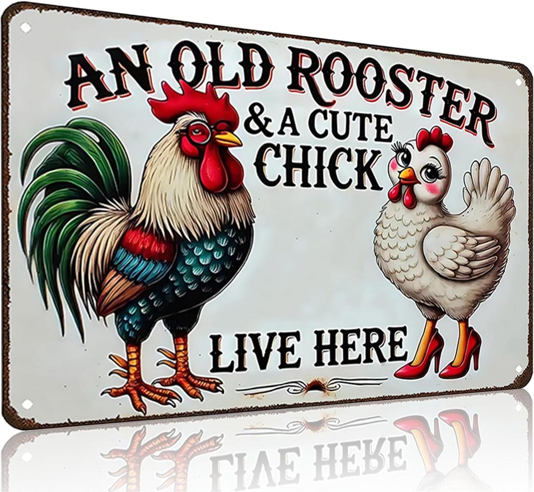 Funny Gifts for Women Chicken Lovers Farm Enthusiasts An Old Rooster And A Cute Chick Live Here Chicken Tin Sign for Chicken Coop Farm Kitchen Garden Yard Decor 8 X 12 Inch (Light Blue)