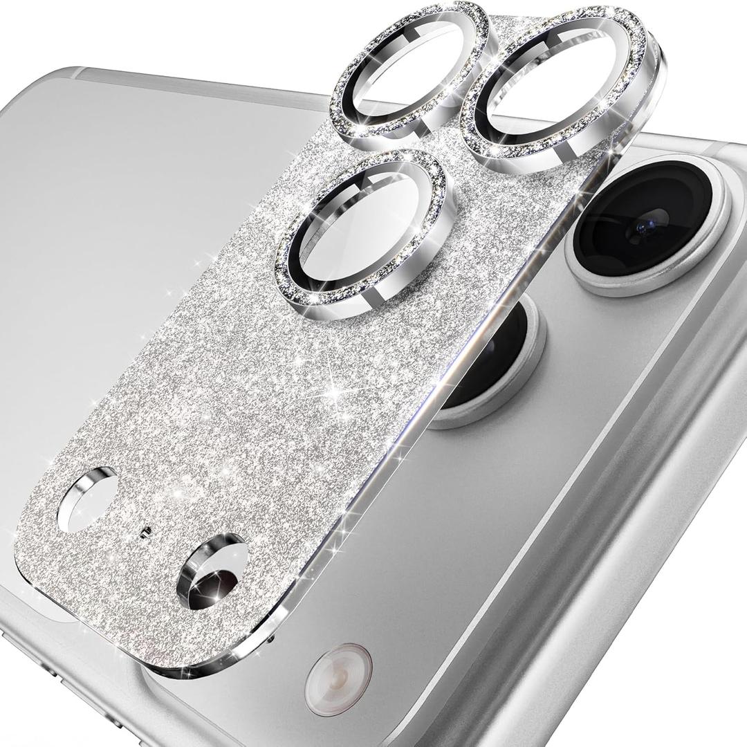 YWXTW for iPhone 17 Pro Camera Lens Protector, [Upgraded Glitter Design] Full Bling Sparkly Diamond Tempered Glass Screen Protector Metal Camera Cover Accessories (Glitter Silver, iPhone 17 Pro)
