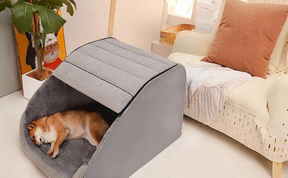 Extra Large Dog Bed House, Cozy Dog House Indoor, Memory Sponge, Plush Dog Cave Bed Crate Cushion with Non-Slip Bottom for Medium Large Dogs (Grey, XL)