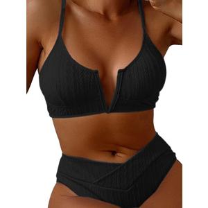 Women's V Cut High Waisted Bikini Ribbed V-Wired Cami Two Pieces Swimsuit (Black) S