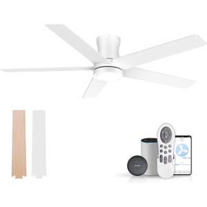 52" Smart Low Profile Ceiling Fan with Lights Remote,Controll by Voice WIFI Alexa App,Quiet DC Motor,Outdoor Indoor Flush Mount Ceiling Fans,Modern White Light Wood Fan for Bedroom Living Room Patio