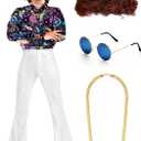 Eurzom Disco Costume Set Including Men's Disco Shiny Shirt Pant Funky Afro Wig Necklace Sunglasses for 60/70/80/90s Party (Large, Neon Style)