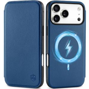 SHIELDON Genuine Leather Slim Case Wallet for iPhone 17 Pro Max 6.9-inch 2025 | Wireless Charging | Folio Magnetic Closure | RFID Blocking Card Holder | Shockproof Phone Cover | Royal Blue