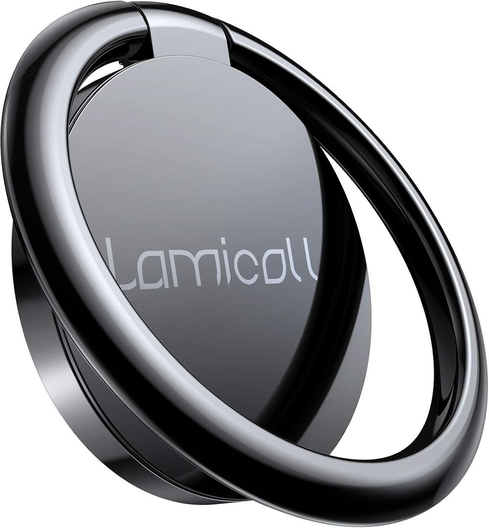 Lamicall Cell Phone Ring Holder Stand - Phone Finger Gip Kickstand, 360 Rotation Polished Metal Grip for Magnetic Car Mount, Compatible with iPhone 16/15/14 Pro Max, Android Smartphone Accessories (Black-01)