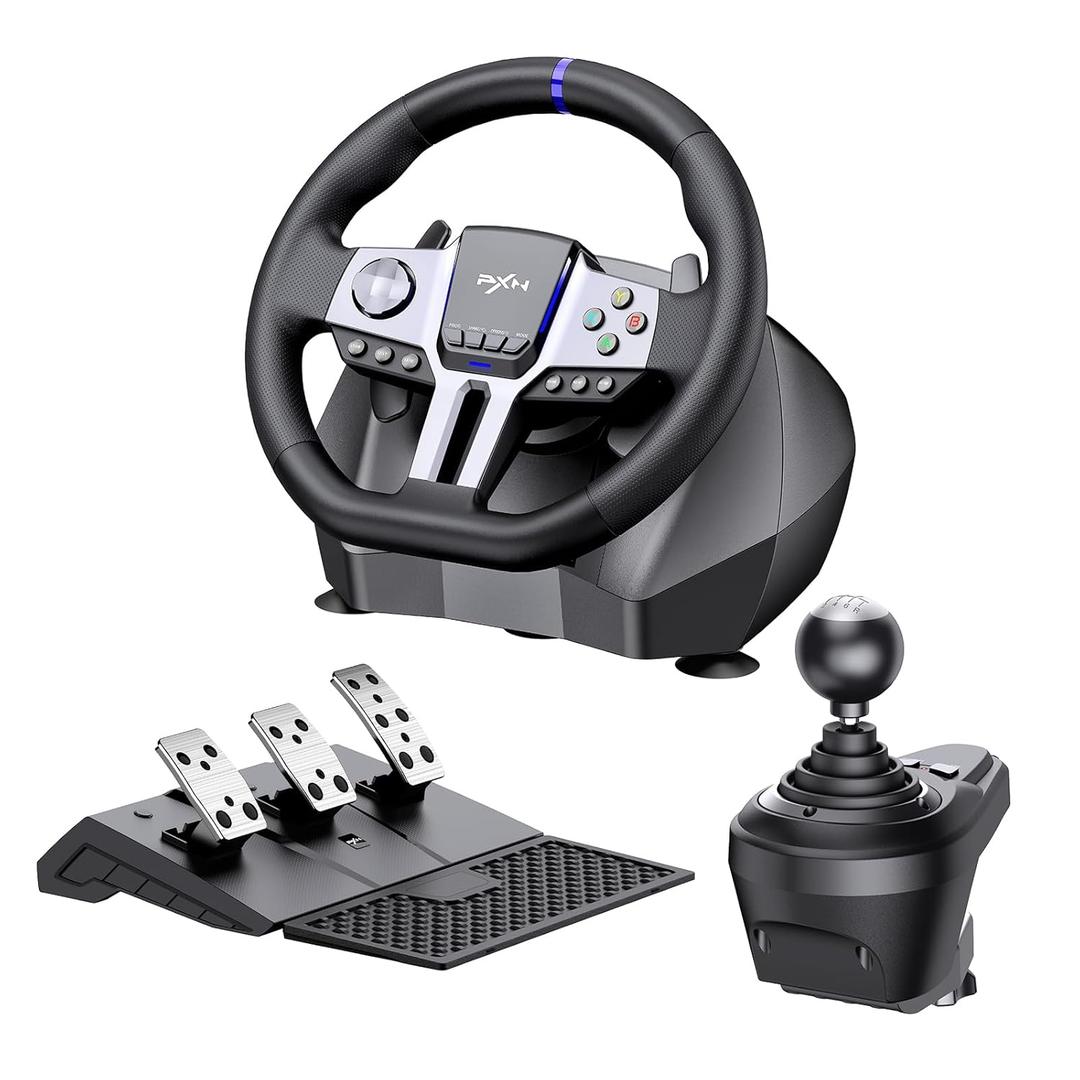 PXN V9 GEN2 Gaming Steering Wheel for PC, Xbox & PS4-270/900 USB Sim Racing Wheel with Hall 3-Pedal Set, H-Pattern Shifter, Dual Paddles, Vibration Feedback, Pedal-Responsive RGB & App Support
