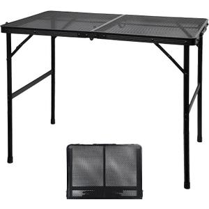 GREGIN Camping Table with Mesh Desktop, Lightweight & Portable Folding Grill Table, Height Adjustable Metal Outdoor Table for Camp, Cooking, BBQ, RV, Picnic-3 FT Black