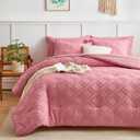 7 Pieces Tufted Bed in a Bag King Comforter Set with Sheets Pink, Soft and Embroidery Shabby Chic Boho Bohemian, Luxury Solid Color with Diamond Pattern, Jacquard Tufts Bedding Set for All Season