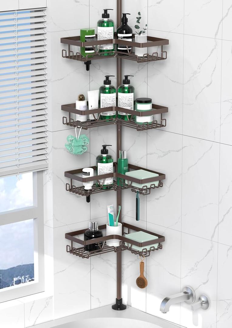 Corner Shower Caddy Tension Pole - Adjustable 4-Tier Shower Shelf Stainless Steel Corner Tension Rod Bathroom Organizer Shampoo Holder with Soap Holders & Hooks for Bath, Tub, Floor Space Saving (Bronze)