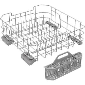 UPGRADED WD28X26099 Dishwasher Lower Rack Compatible with GE Dishwasher Rack Replacement Parts with Wheel, WD28X26099 WD28X34744 304 Stainless Steel GE Dishwasher Lower Rack Part and Silverware Basket