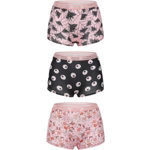 Morvia 3pcs Women Gothic Halloween Skulls Print Contrast Binding Boyshorts Underwear Elastic Waist Intimates Panties (Pink, S)