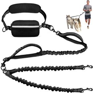 Hands Free Double Dog Leash with Pouch, Dual Leash for 2 Dogs with Reflective Padded Handles, Durable Bungee and Lumbar Waist Belt for Walking, Jogging and Running (Small, 8-25 lbs)
