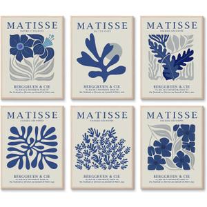 6 Pcs Navy Blue Matisse Wall Art Preppy Flower Market Paintings Prints Posters Trendy Abstract Aesthetic Minimalist Boho Gallery Canvas Wall Decor for Living Room Bedroom Bathroom 8x10in Unframed, 8"Wx10"H
