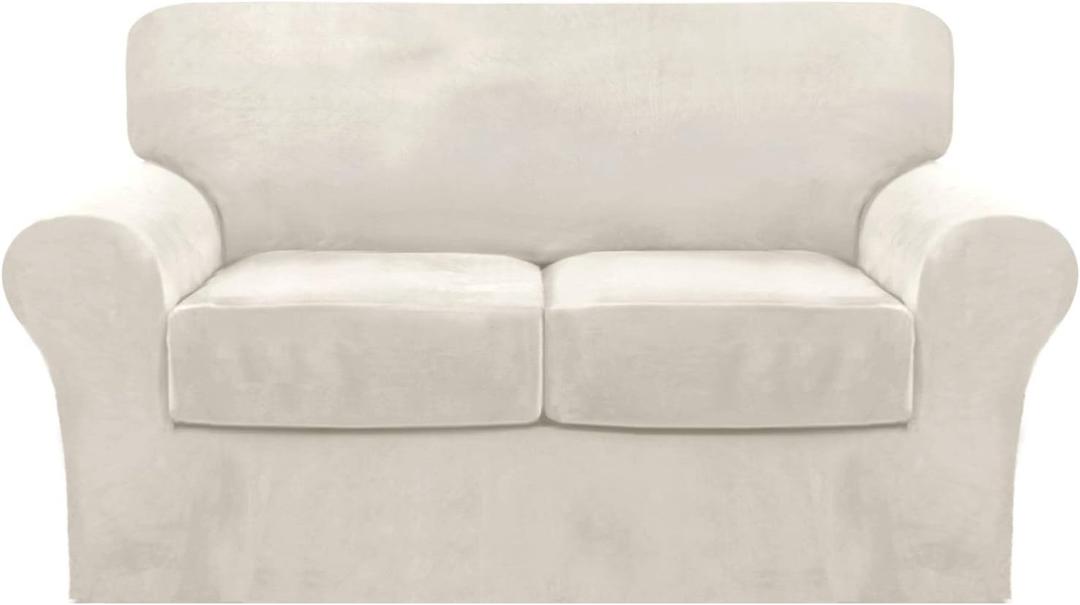 FantasDecor 3 Piece Sofa Covers Velvet for 2 Cushion Couch Stretch Loveseat Slipcover with Individual Seat Elastic Furniture Protector for Pets (Loveseat, Ivory)