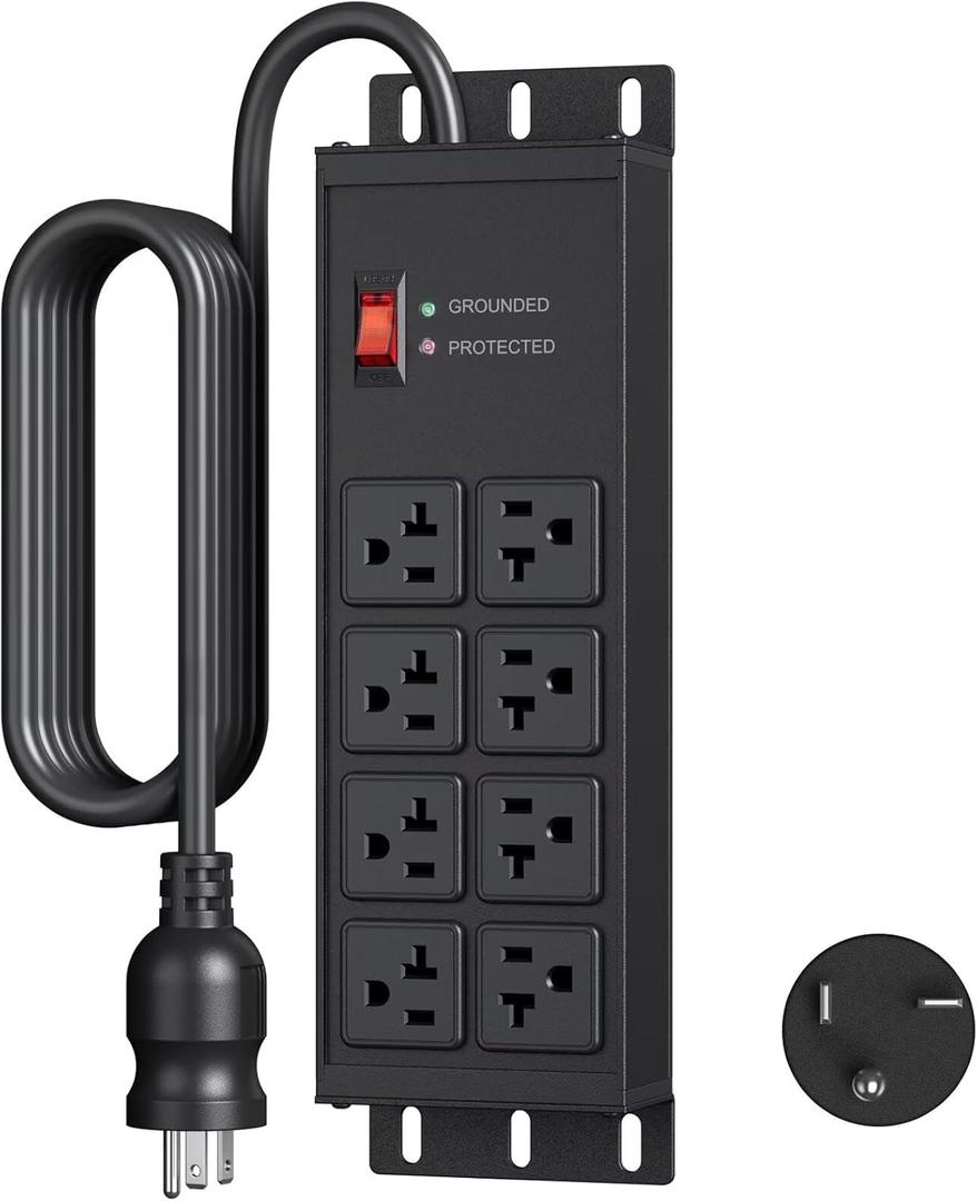 JUNNUJ Heavy Duty 20 Amp Surge Protector 4800J, Garage Metal 8 Outlets 12 Gauge, High Amp 5-20P Adapter 6-20R T-Slot Shop Industrial Outlets, 6 FT Extension Cord Commercial for Appliance