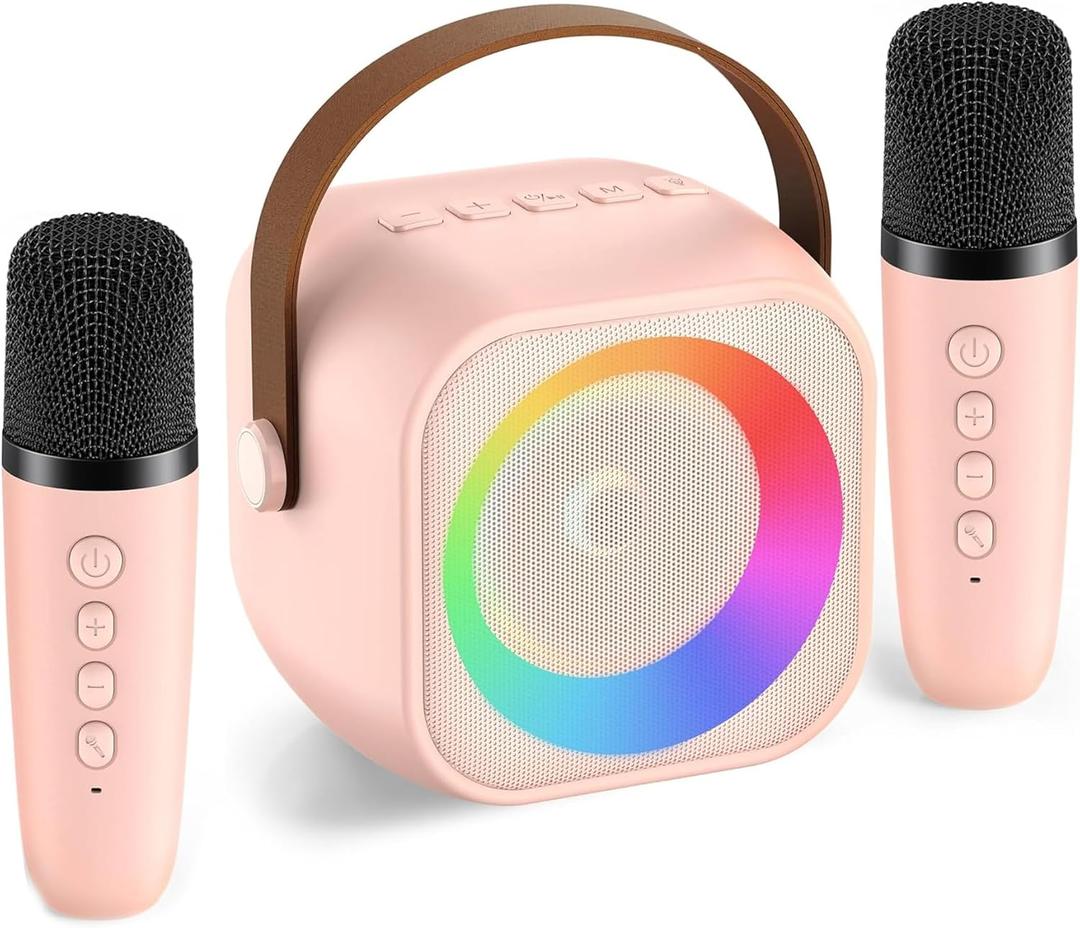 Karaoke Machine for Kids Adults, Mini Portable Bluetooth Karaoke Speaker with 2 Wireless Microphone and Lights, Birthday Gifts for Girls Ages 4, 5, 6, 7, 8, 9, 10, 12+ Family Home Party (Pink)