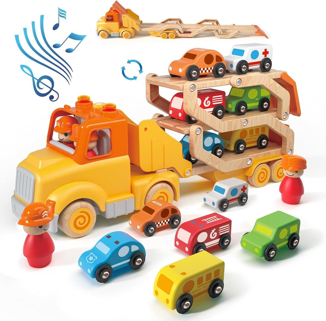 Toddler Toys for 2 3 4 5 Years Old Kids, Transport Car Carrier Truck Toy with 6 Wooden Vehicle, 30in Foldable Track Trailer with Light & Sound Effects, Best Gift Choice for Christmas, Birthday, 15.75 inches