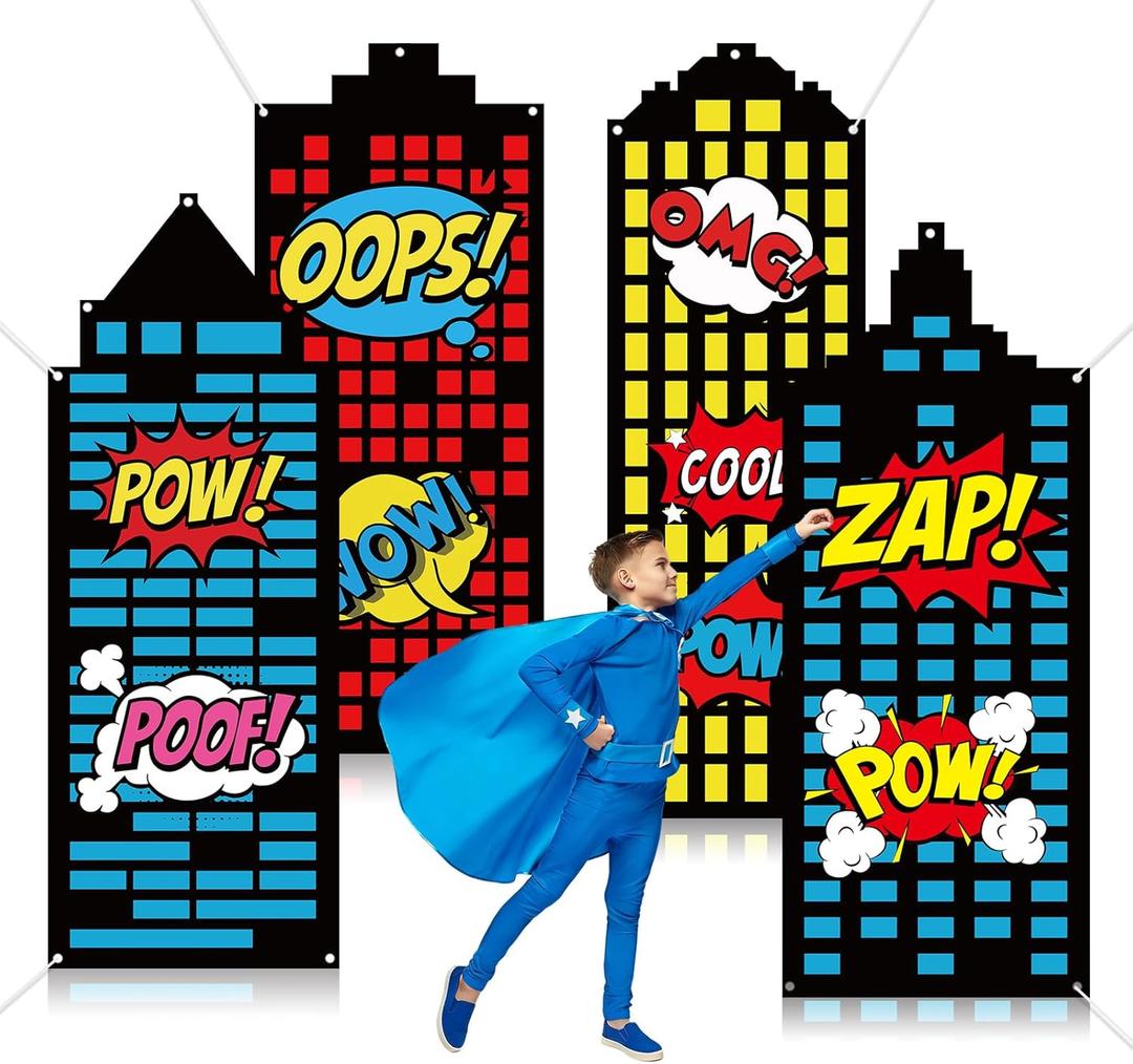 4 Pcs Large Fabric Super Themed Hero Banner Super City Party Decoration City Skyline Building Hanging Backdrop Colorful Skyscraper Party Supplies for Kids Boys Birthday Baby Shower Porch Wall Decor