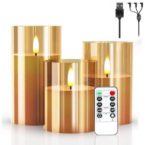 Rechargeable Flameless Candle, LED Flickering Candles Tea Lights Pillar Candles Sets with Adjustable Brightness and Timing Remote, Battery Operated Acrylic USB Candles (Pack of 3)