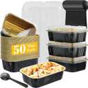 BAKINGPAK 50PCS 35OZ 2.2LB Gold Aluminum Cake Tins with Lids, Disposable Baking Pans, Foil Containers, Pie Pans for Cooking & Storage