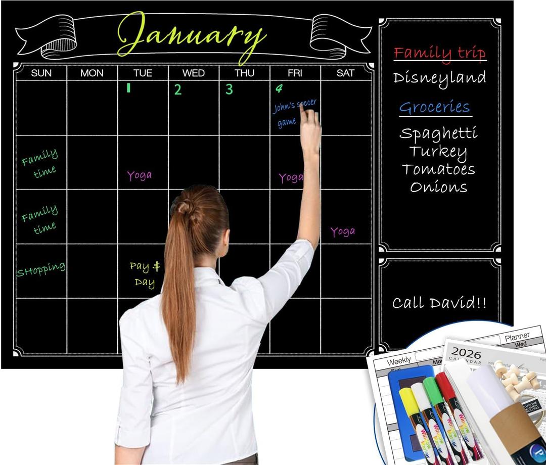 Party Funny Dry Erase Black Laminated jumbo Chalk Board Wall Calendar, 38-Inch by 50-Inch,Erasable Monthly huge weekly chalkboard bulletin board,better than wall decor sticker, 38wx50l
