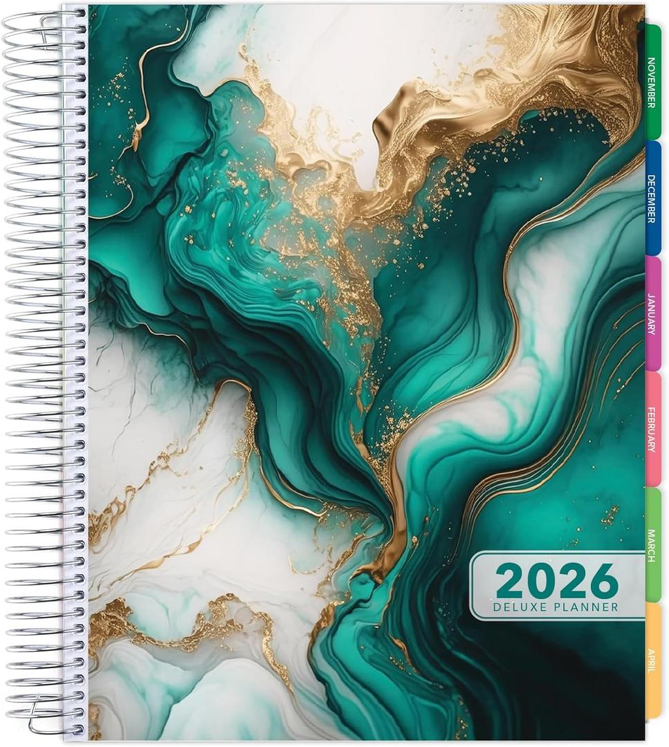 DELUXE 2026 Planner, 8.5"x11": 14 Months (November 2025 - December 2026), Includes Page Tabs, Bookmark, Planning Stickers, Pocket Folder Daily Weekly Monthly Planner Yearly Agenda (Teal Gold Marble)
