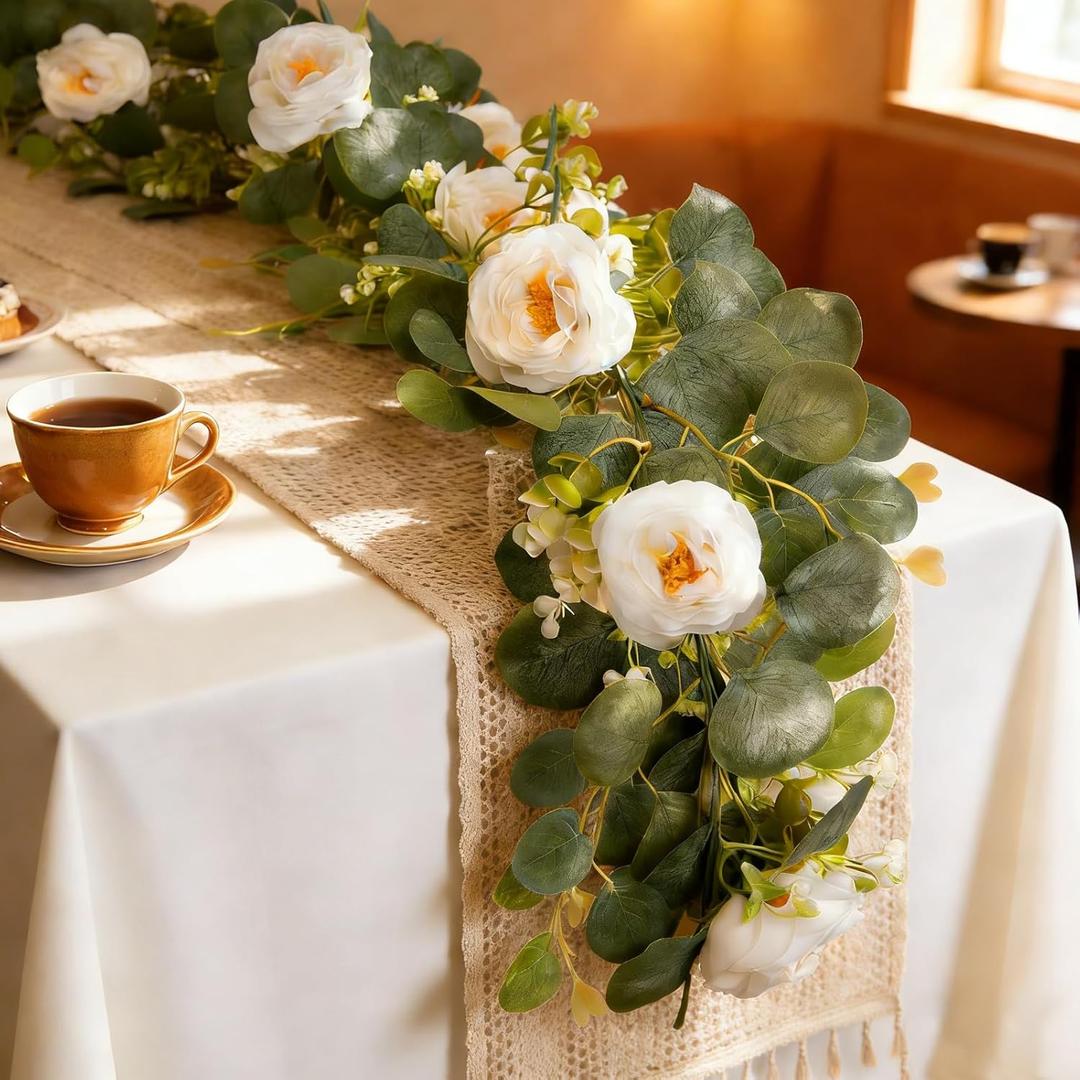 2Pcs Artificial Eucalyptus Garland with White Rose, Each 6ft Spring Flower Garland Faux Silk Rose Hanging Vine for Wedding Arch Backdrop Table Mantle Home Party Decor