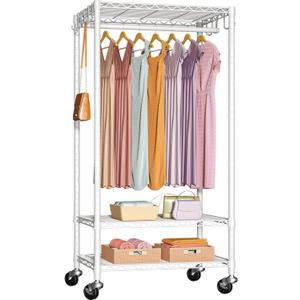 P6 Medium Rolling Clothes Rack Heavy Duty, Clothing Racks for Hanging Clothes, Freestanding Garment Rack with Wheels, Portable Closet Rack Max Load 370 LBS, 30''W x 14''D x 77.6''H, White