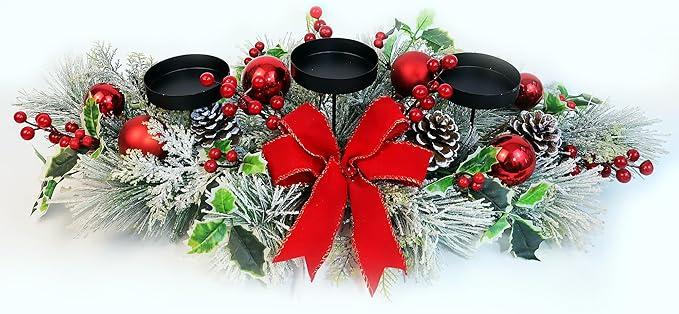 28'' Christmas Triple Candelabrum Centerpiece, Christmas Centerpiece Decorations with Snowy Pine Cones Bow Holly for Dining Table Fireplace Mantel Holiday Party