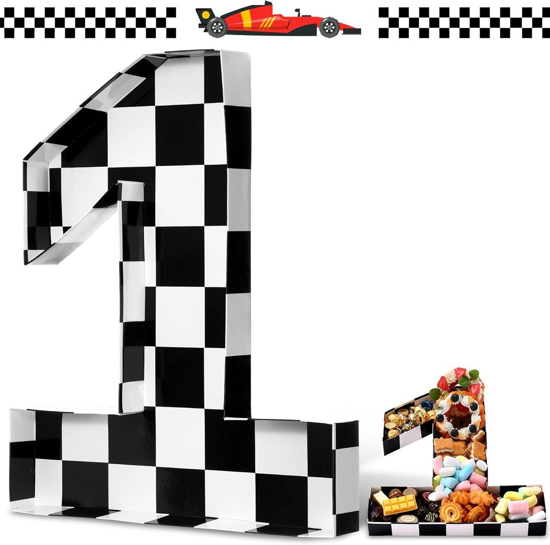 Mifoci 13.7" Race Car Cardboard Fillable Number Box for Charcuterie Fast Birthday Party Decor 1st 2nd 3rd 5th Number Shaped Box Black and White Checkered Snack Paper Mache Tray for Party Supplies (1)