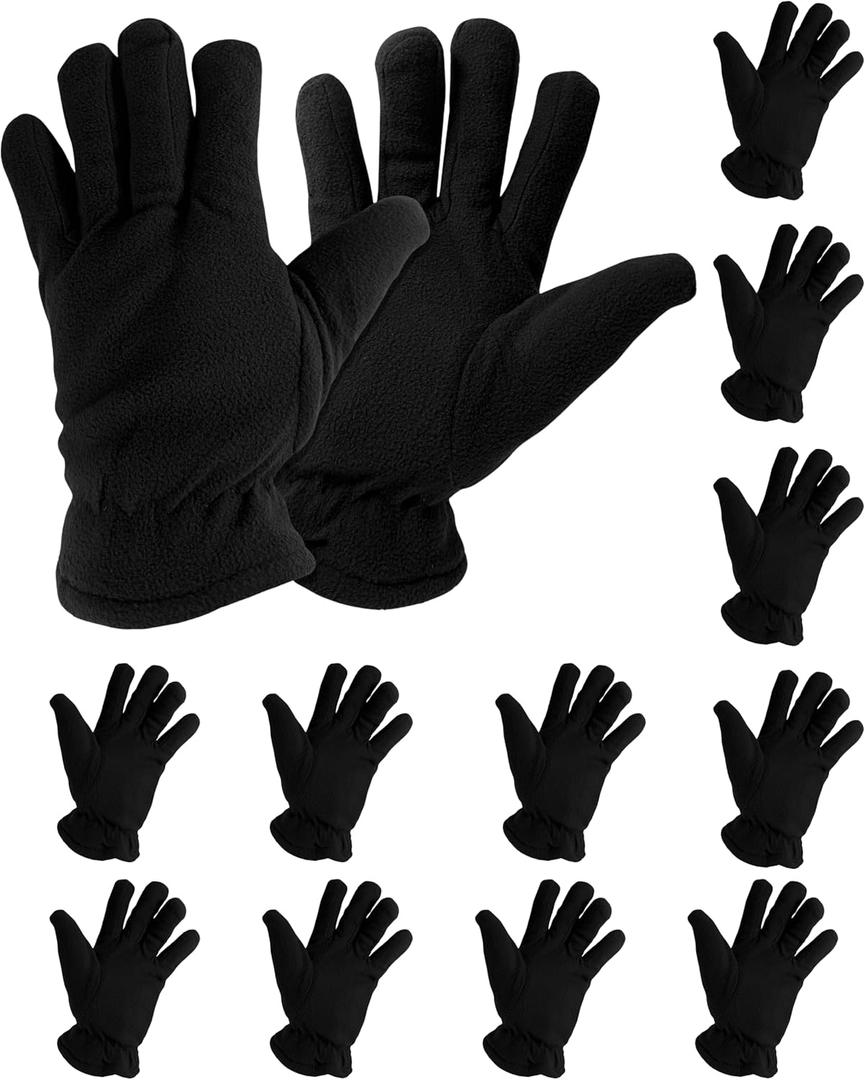 12 Pair Winter Fleece Gloves Mens Thermal Soft Warm Cozy Cold Weather Outdoor Sports (One Size, Black)