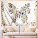 Damanse Butterfly Tapestry Wall Hanging Cute,Boho Wall Tapestry for Bedroom Aesthetic,Flower Living Room Decor for Teen Girls (White, 59.80" x 78.70")