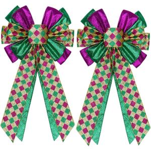 2 Pcs Mardi Gras Bows for Wreaths Decorations,12x20 Large Glitter Tree Topper Bow Decor for Holiday Party Wall Home Front Door Float Golf Cart Gold Green Purple