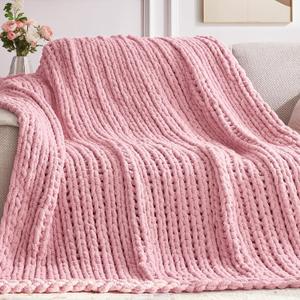 Negwoo Chunky Knit Throw Blanket, 50''*60'' Knitted Throw Chenille Yarn for Bed Couch, Handmade Light Pink Crochet Big Thick Blanket, Machine Washable Cute Comfy Blanket for Home Decor
