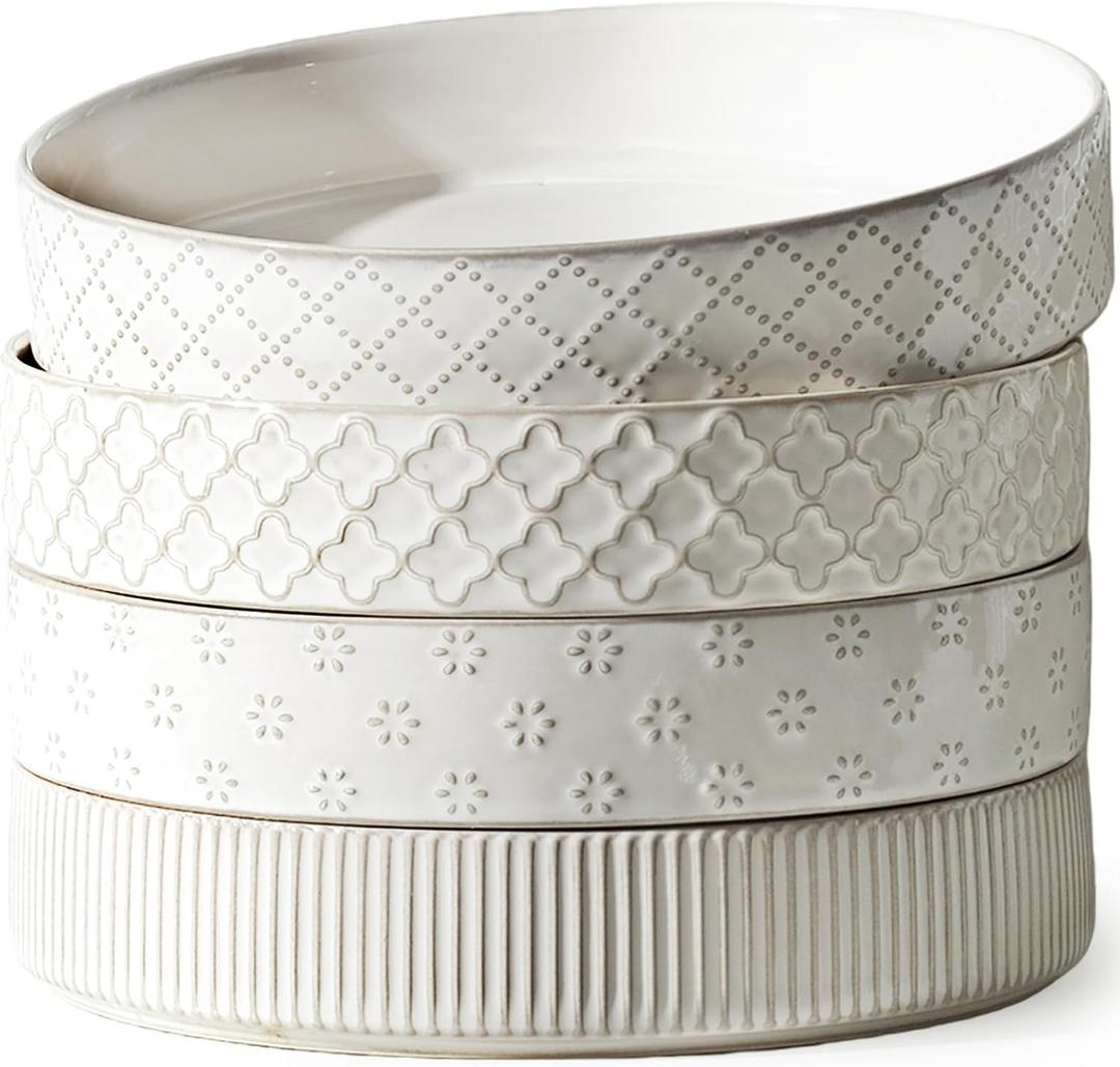getstar 7.5" Ceramic Pasta Bowls Set of 4, Deep Stoneware Salad Plates Pasta Plates Shallow Bowls for Serving Soup Dinner, Microwave & Dishwasher Safe, Textured Stripes & Speckled White