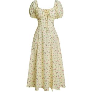 RIHOAS Womens Summer Dresses Square Neck Vintage Short Sleeve Midi Dress Casual Puff A Line Chiffon Sundress (M)