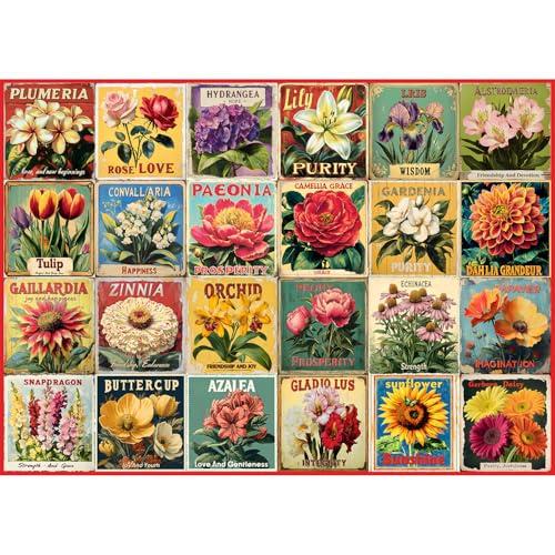 Vintage Flower Puzzles for Adults 1000 Pieces, Unique Beautiful Floral Collage Art Jigsaw Puzzles, Spring Nature Plant Themed, Retro Colorful Challenging for Adults