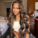 SISgrace 2/27 Ombre Highlight Lace Front Wigs Synthetic Body Wave Wear and Go 13x4x1 T-part Lace 28 Inch Pre-Plucked HD Glueless Ombre Lace Front Wig for Black Women