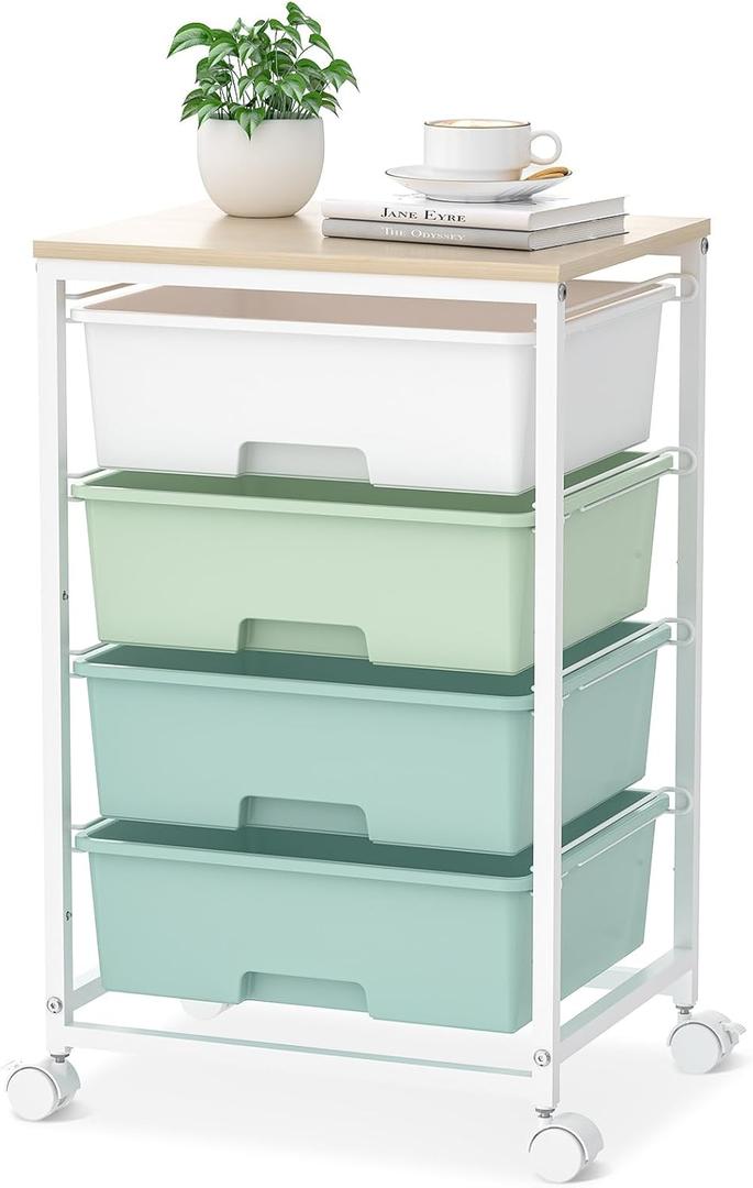 SYKIARIOL Utility Cart with 4 Drawers, Rolling Storage Cart with Drawers, Storage Rolling Drawer Cart with Wooden Tabletop for Bedroom, Kid's Room, Dorm, Classroom, Office, Green