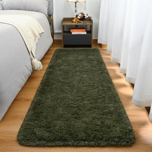 Fluffy Runner Rug for Bedroom Living Room, 2x6 Olive Green Bedside Rugs, Faux Fur Shag Modern Carpet Ultra Soft Girls Boys Room Home Decor, Solid