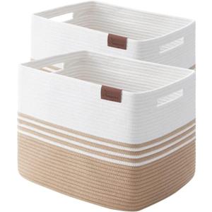 Storage Baskets, 42L*2 Pack Storage Baskets for Organizing, Laundry Basket for Closet,Cotton Rope Blanket Basket for Storage, Toy Storage Basket for Living Room, Laundry Room, Bedroom-Jute (Brown & White)